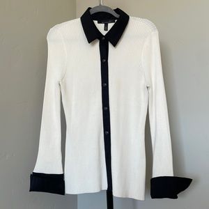 White House Black Market cream cardigan with black trim, size Large